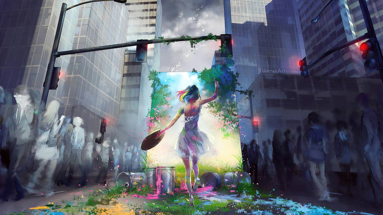 女孩,绘画,街道,人群,花草,反差,鸟,4K高清动漫壁纸