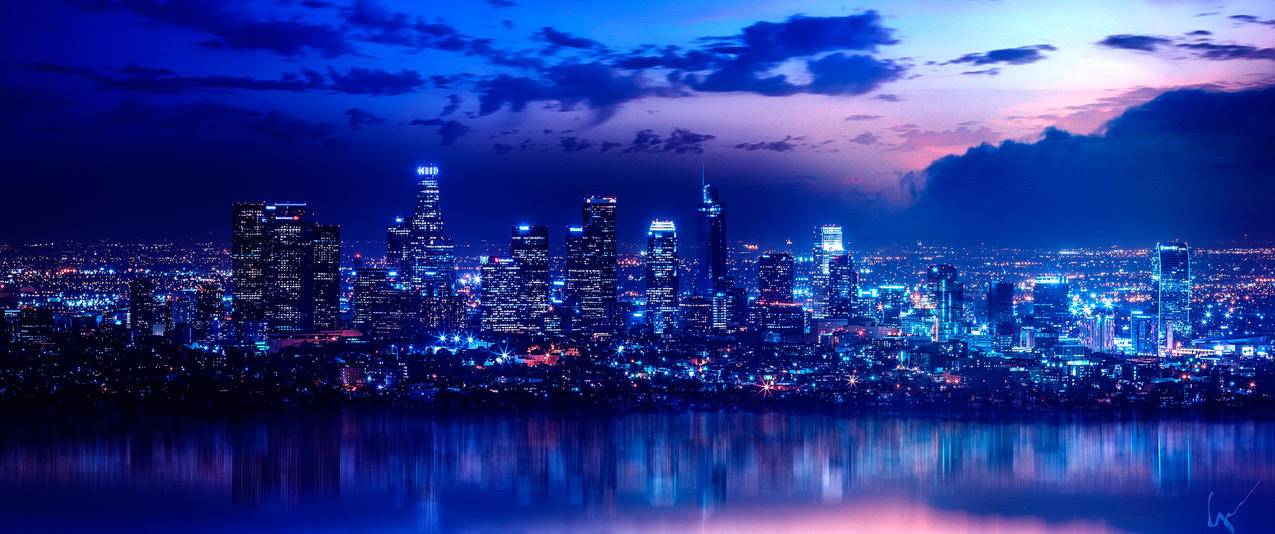 海边城市夜景天际线3440x1440风景壁纸