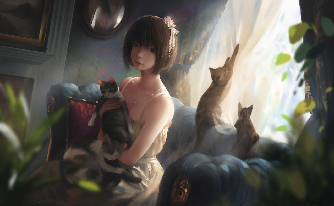 短发女孩,猫,房间,吊带长裙,沙发,窗帘,唯美,4K高清动漫壁纸