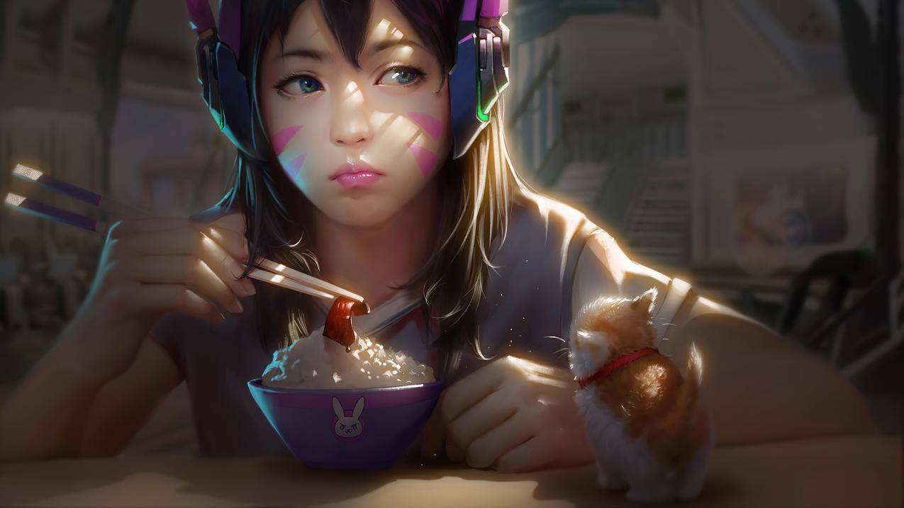 《守望先锋》D.VA,吃饭,桌子,猫,4K高清壁纸