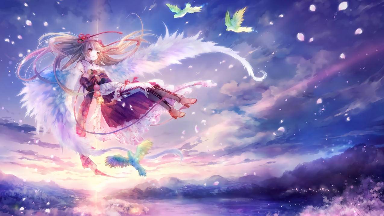 天空,小女孩,羽毛,鸟儿,唯美梦幻动漫风景,4K高清动漫壁纸
