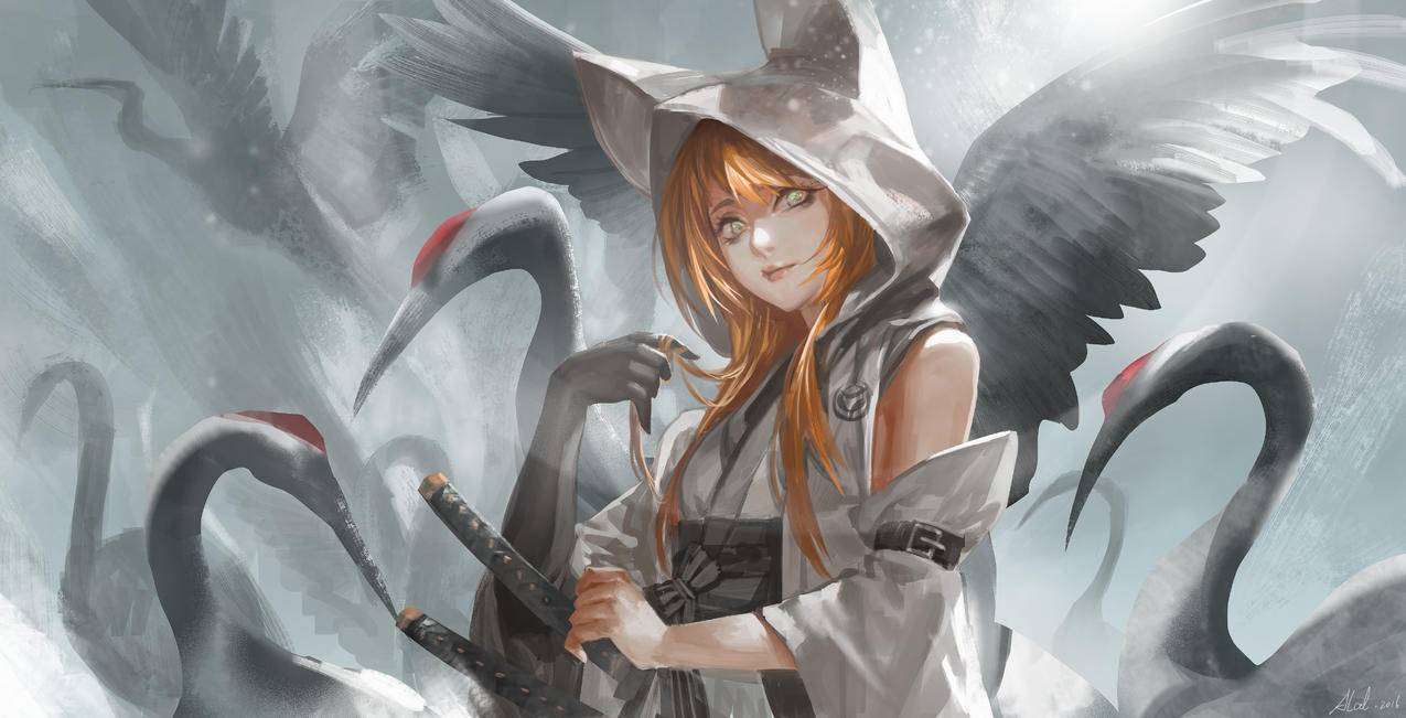 少女,仙鹤,刀,翅膀,插画,4K高清动漫壁纸