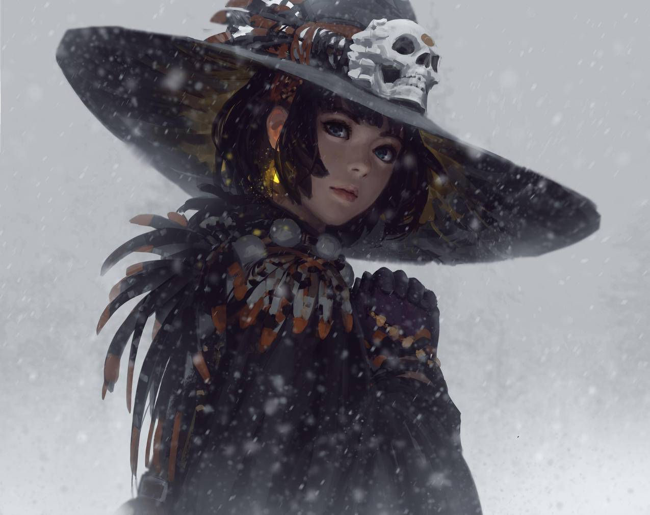 女孩,雪地,女巫帽,骷髅,4K高清动漫壁纸