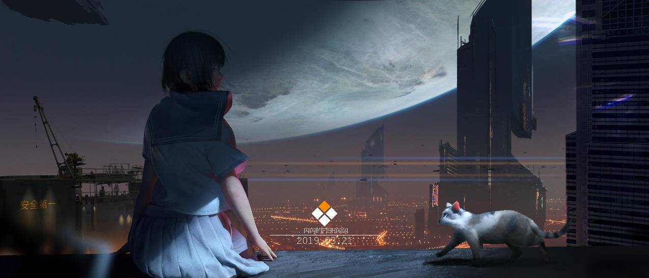 水手服,校服,天台,猫,月亮,夜晚,城市,4K高清动漫壁纸