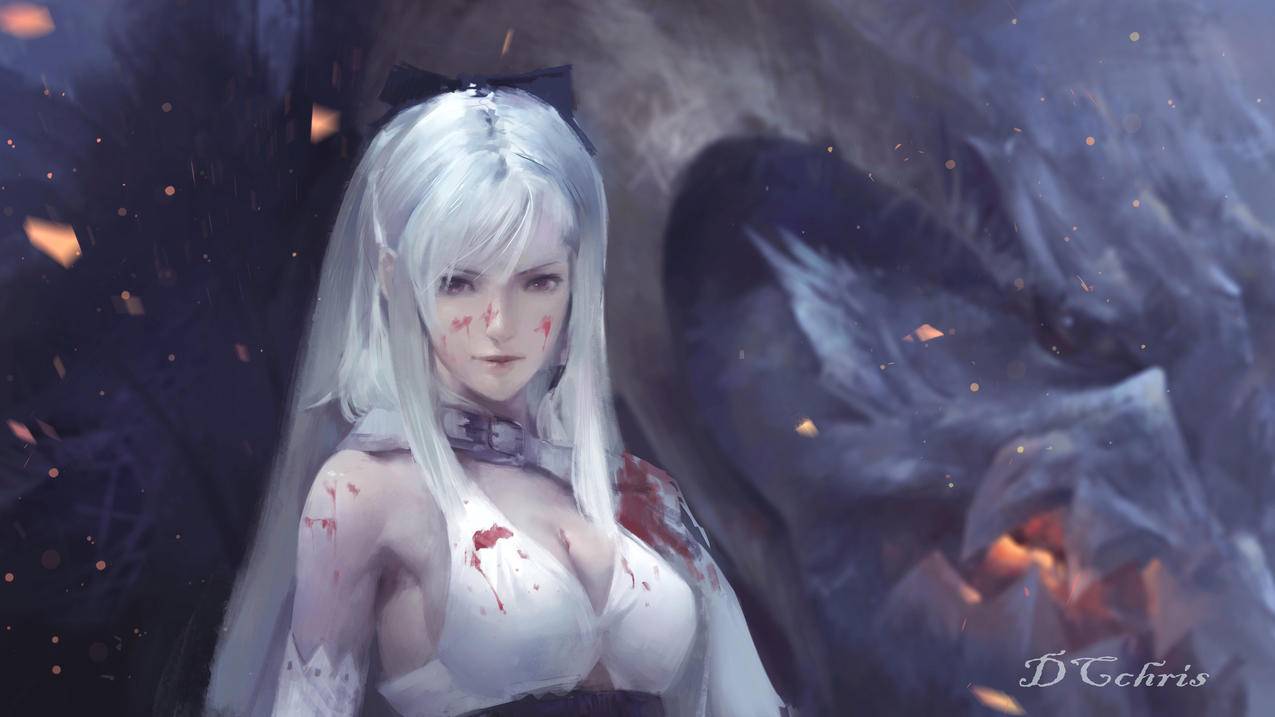 白色头发美女插画,4K高清动漫壁纸