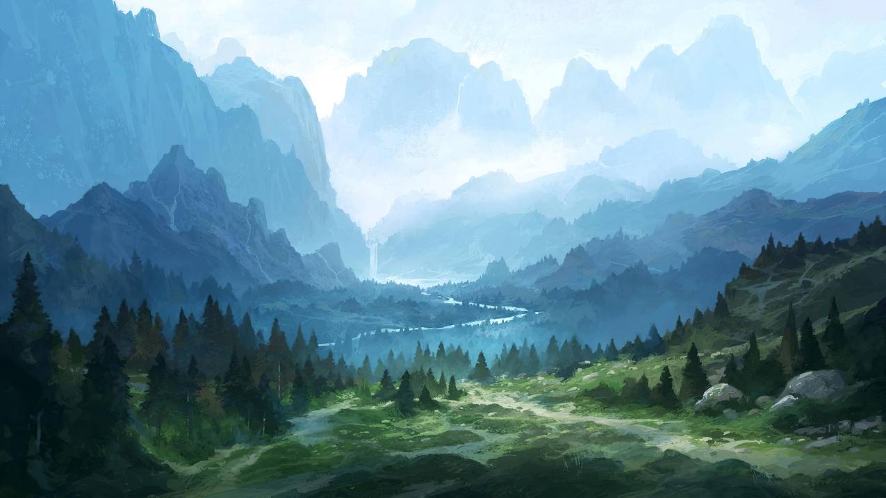 瀑布,С・,风景绘画,4K高清动漫壁纸