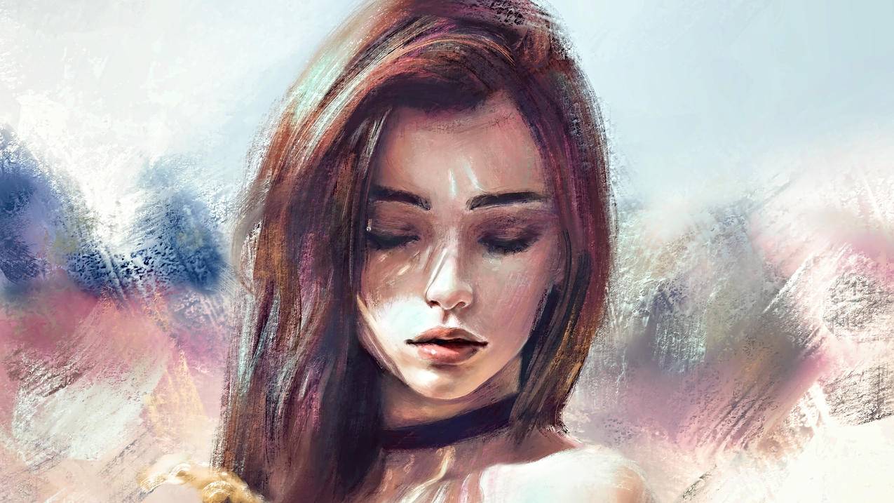 闭眼,女孩,简单,4K动漫壁纸