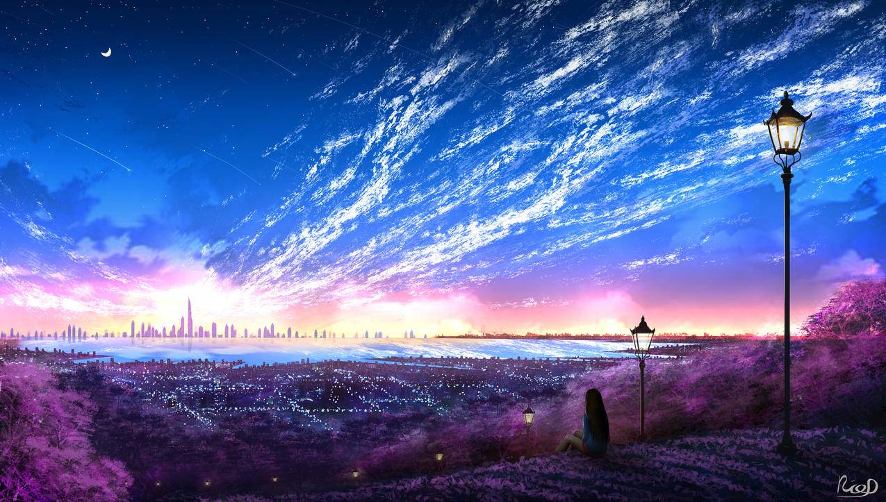 快乐的地方,女孩眺望,城市夜景,4K动漫壁纸