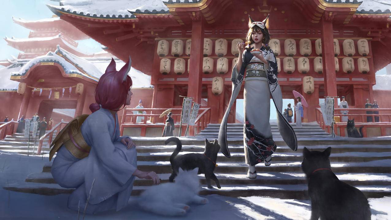 和服,女孩,猫,阳光,阶梯,面具,兽耳,雪,4K高清动漫壁纸
