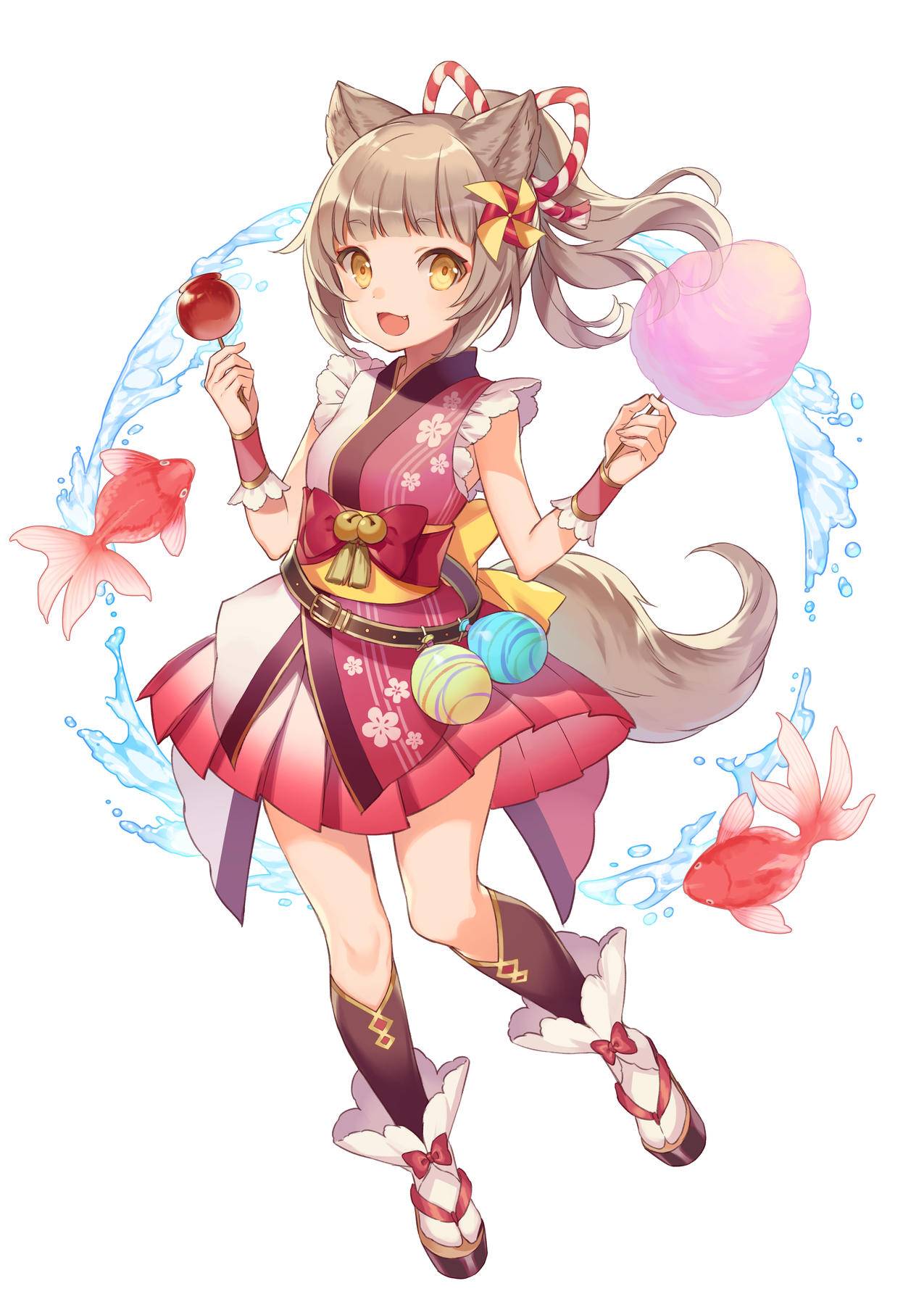 日式,和服裙,棉花糖,糖葫芦,鱼,兽耳,4K高清动漫壁纸