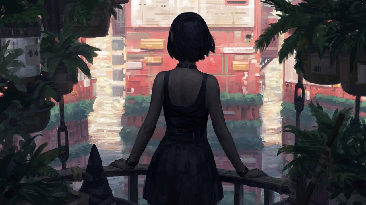 黑短发,连衣裙,后背,植物,阳台,城镇,建筑,绘画插图,4K动漫壁纸