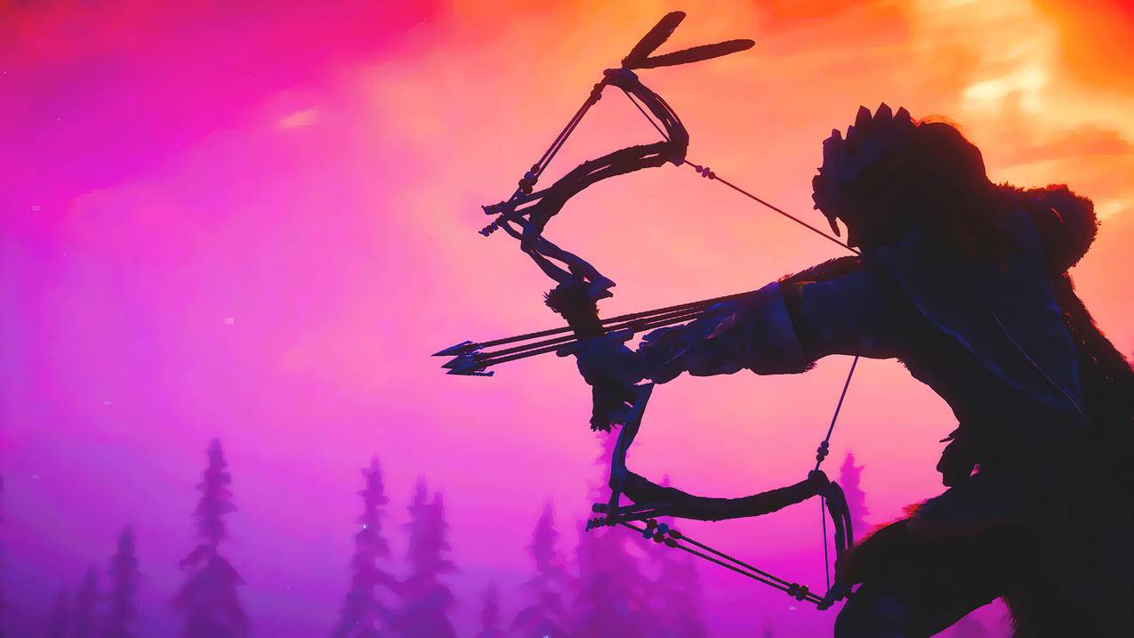 《地平线:黎明时分-Horizon Zero,Dawn》射手,紫橙色天空,树林,4K游戏壁纸