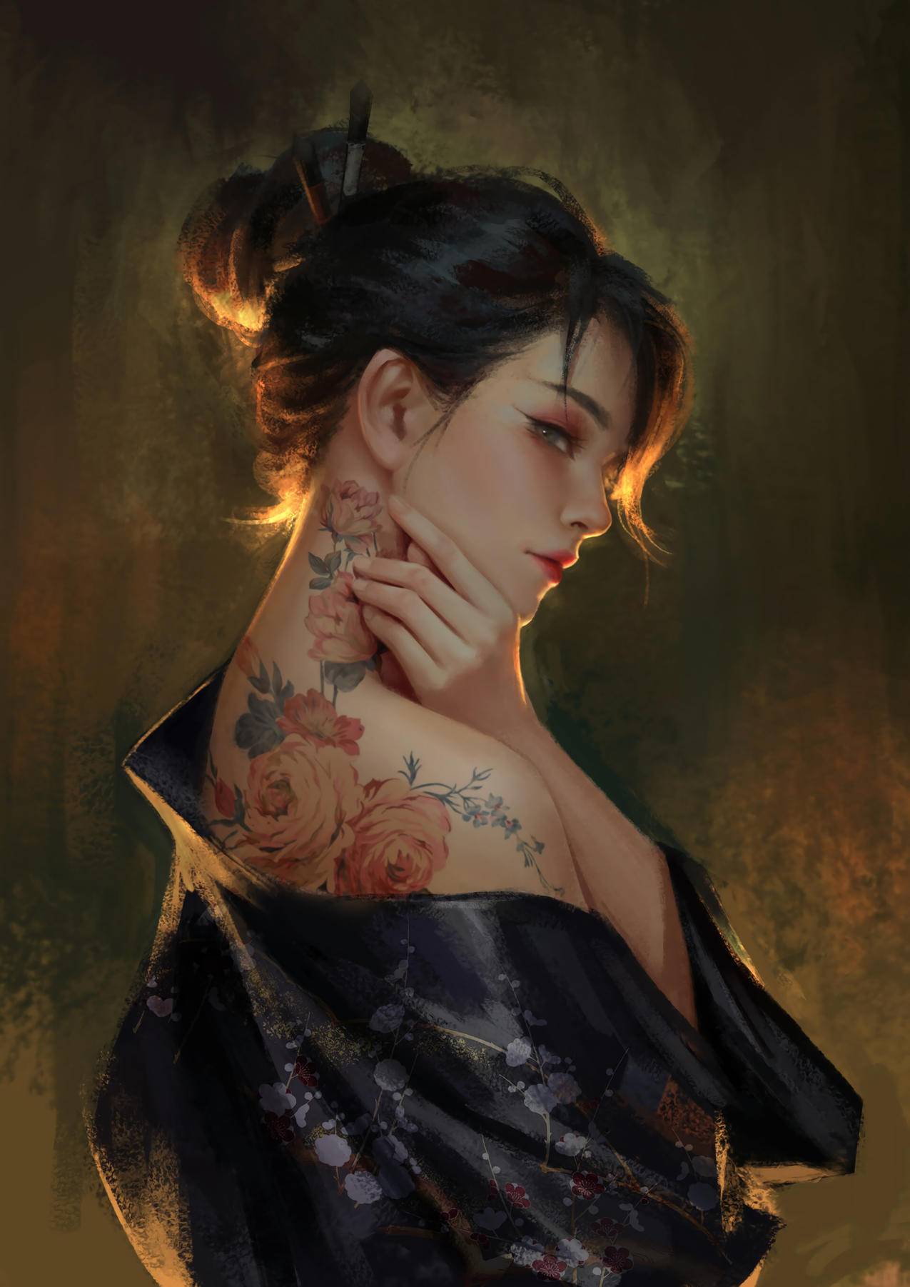 阳光,刺青花,和服,肩膀,女生,4K高清动漫壁纸