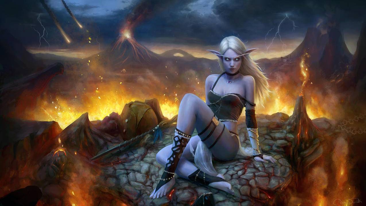 《world,of,warcraft-魔兽世界》火山,尖耳女孩,4K高清壁纸