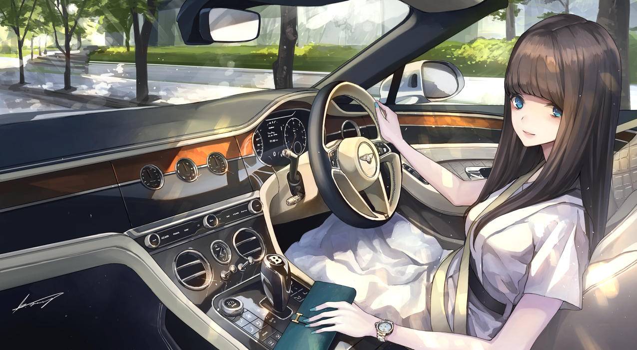 汽车,驾驶座,女孩,街道,方向盘,钱包,4K高清动漫壁纸