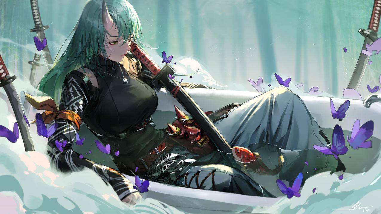 《明日方舟》星熊,刀,鱼,面具,浴缸,紫蝴蝶,4K高清动漫壁纸