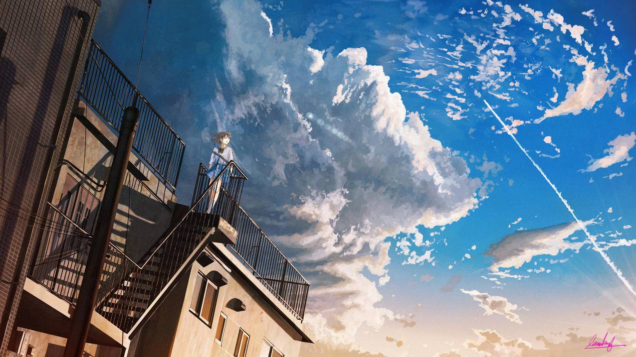 天空,天台,楼梯,女孩,4K高清动漫壁纸