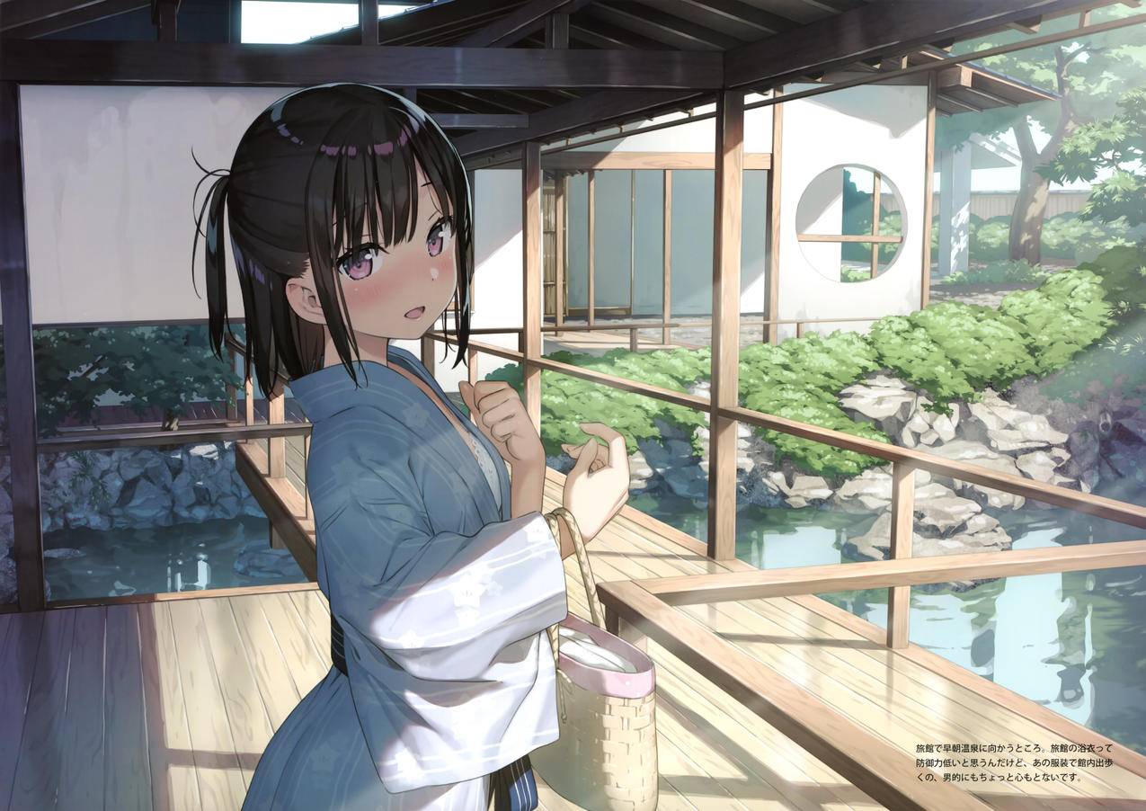 庭院,和服,女孩,编织篮,4K高清动漫壁纸