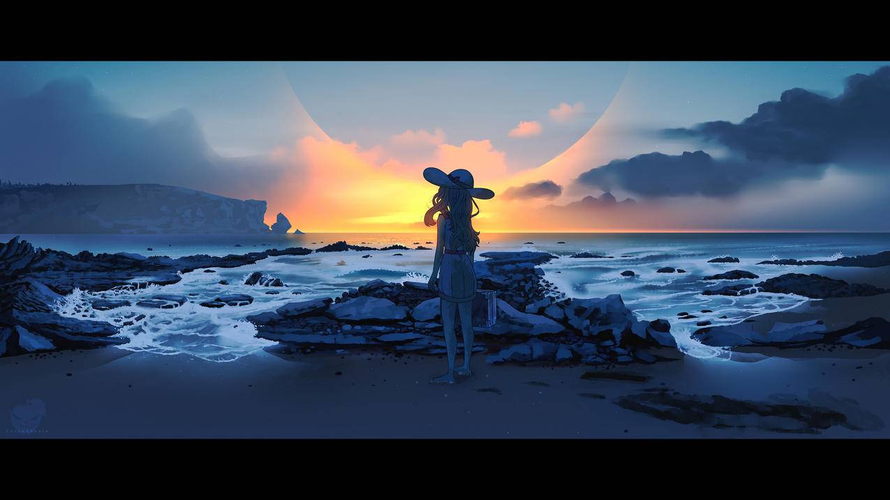 旅行,一个女孩,海边,4k动漫壁纸