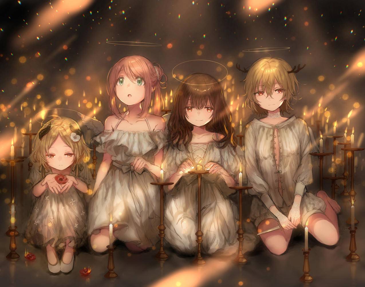 牛角女孩,鹿角女孩,天使光环,白裙,花朵,蜡烛,4K高清动漫壁纸