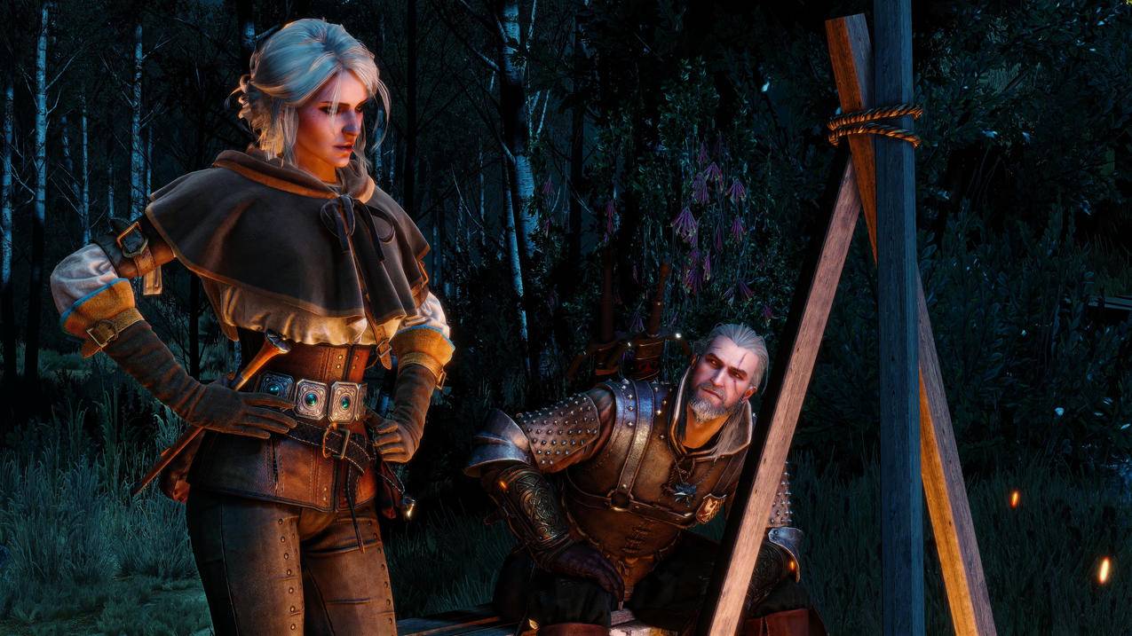 《巫师3,狂猎,the,witcher3》篝火,树林,白发男女,4K高清壁纸