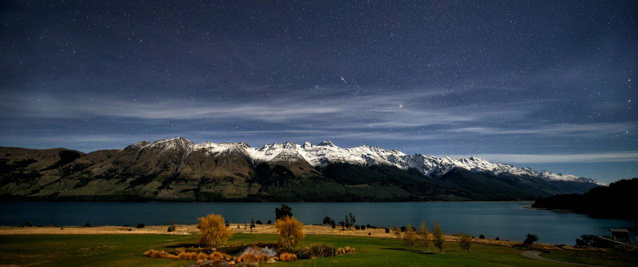 新西兰瓦卡蒂普湖夜晚风景3440x1440壁纸