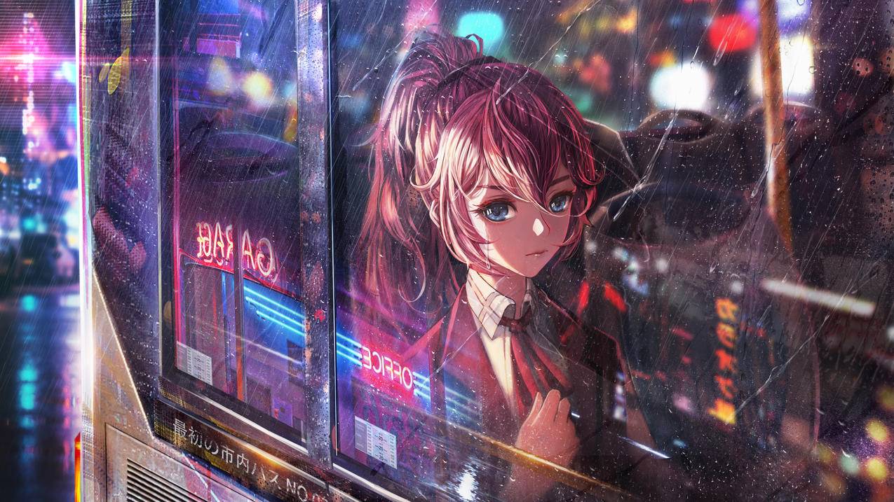 车窗,玻璃,雨,少女,马尾辫,西装,4K动漫壁纸