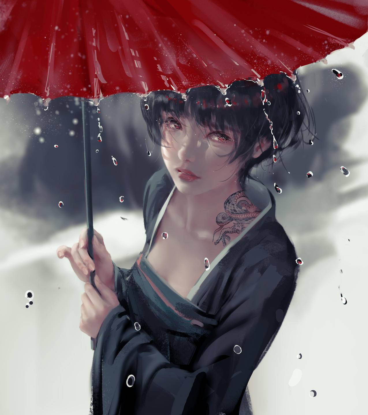 小绿,雪,红色油纸伞,4K高清唯美动漫壁纸