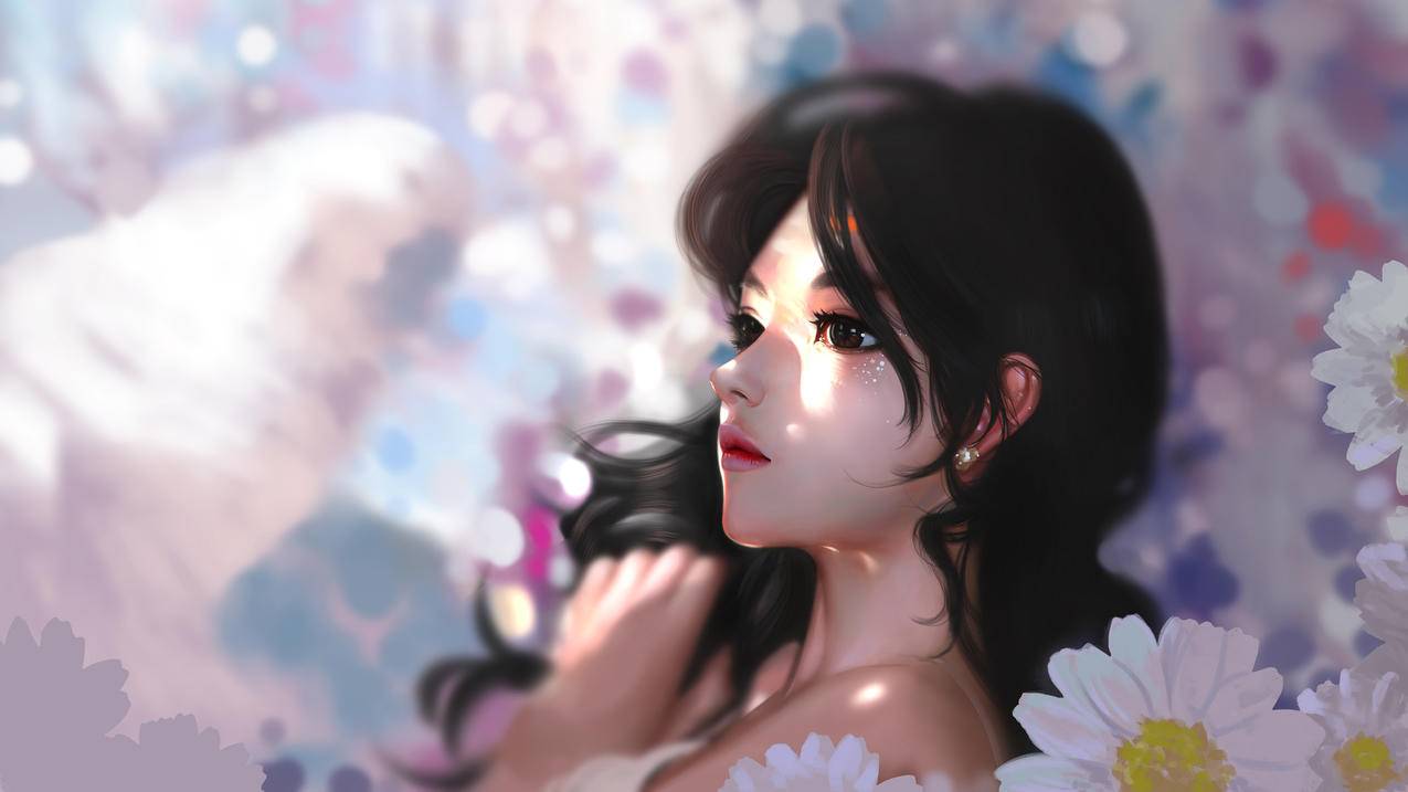 花中少女,雏菊花,4K动漫壁纸