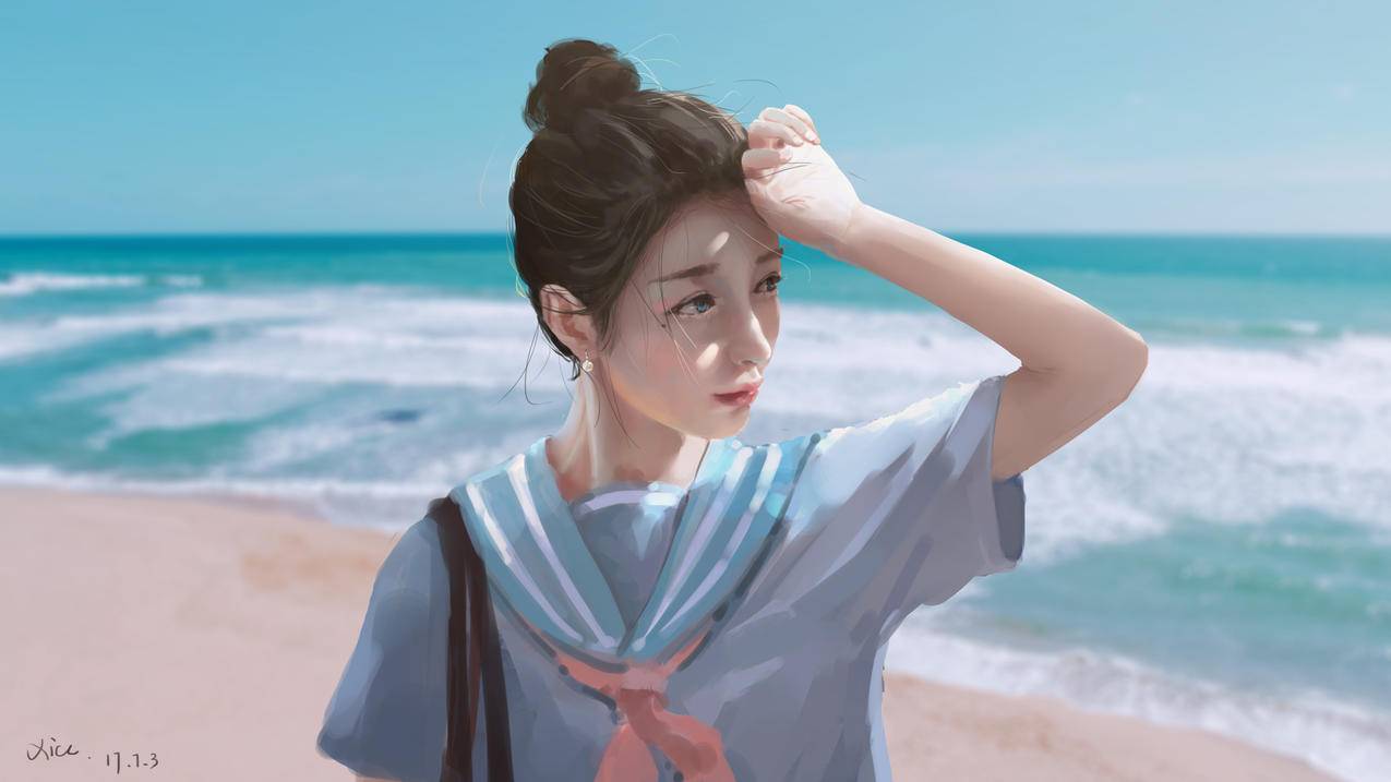 海边,丸子头,校服,耳环,4K高清动漫壁纸