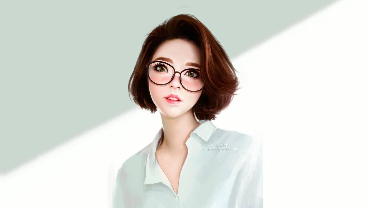 棕色卷发,黑色眼镜,衬衫,女孩,4K高清动漫壁纸