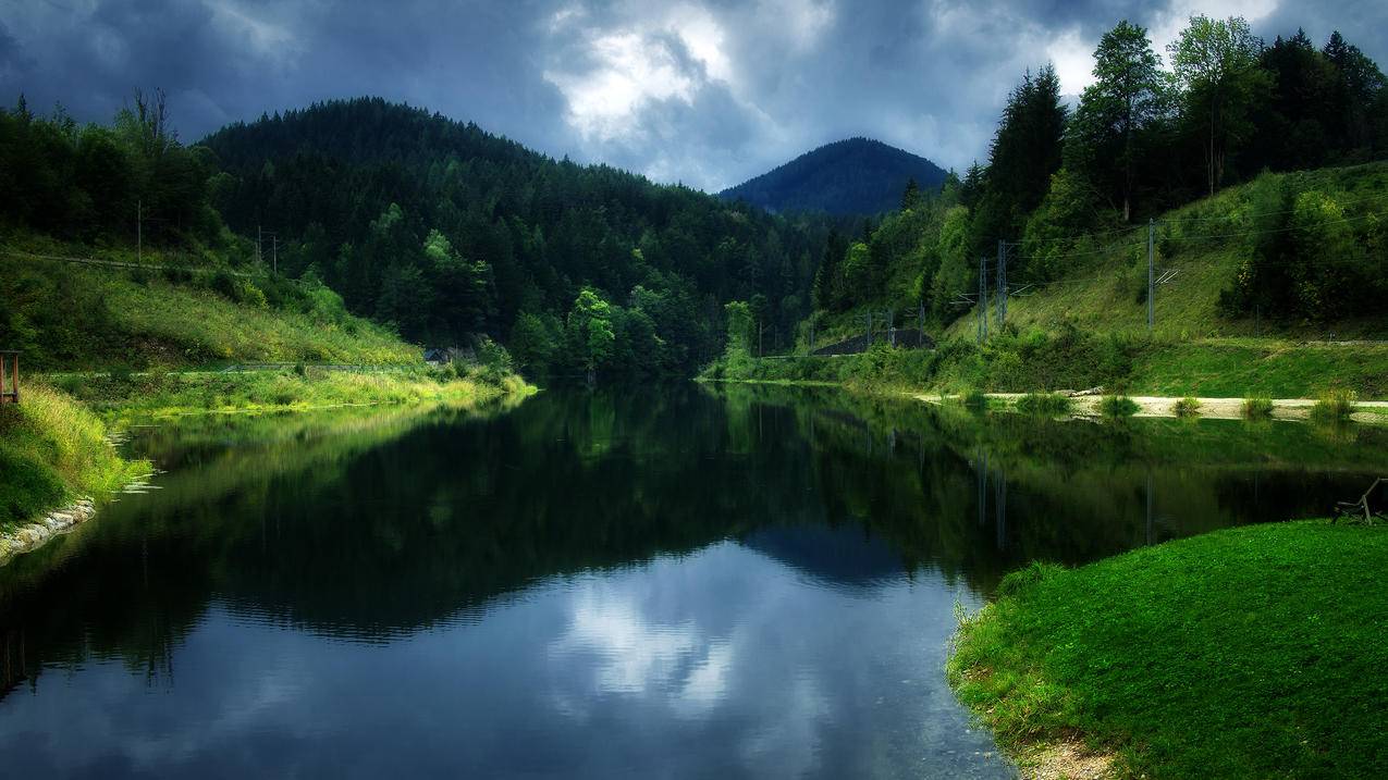 黄昏,奥地利,维也纳布鲁克附近的水库4K风景壁纸