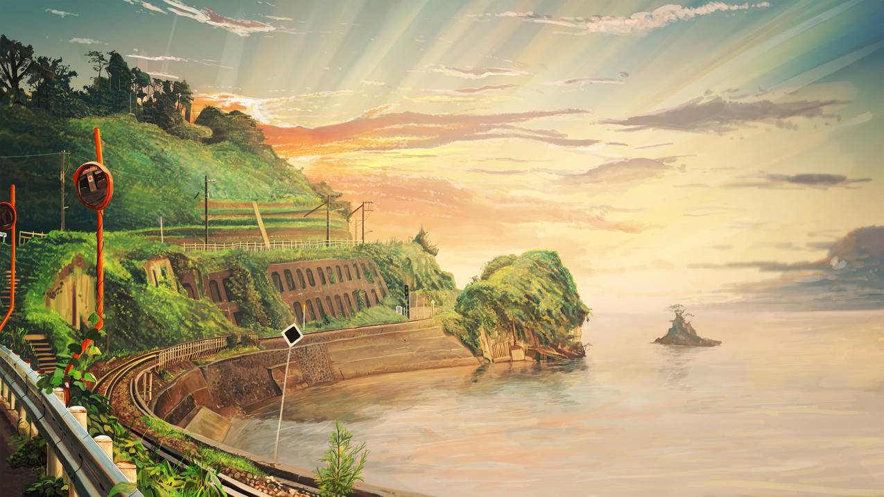 无云的海岸,道路,插画风景,4k高清壁纸