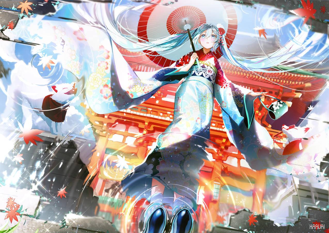 初音未来,水泊,伞,枫叶,和服,4K高清动漫壁纸