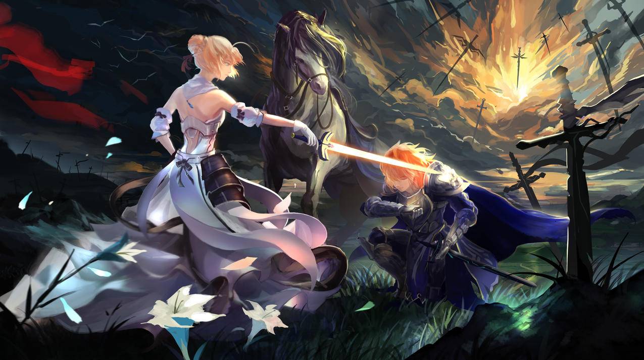 《命运之夜》,saber,动漫女孩,花瓣,剑,4K高清动漫壁纸