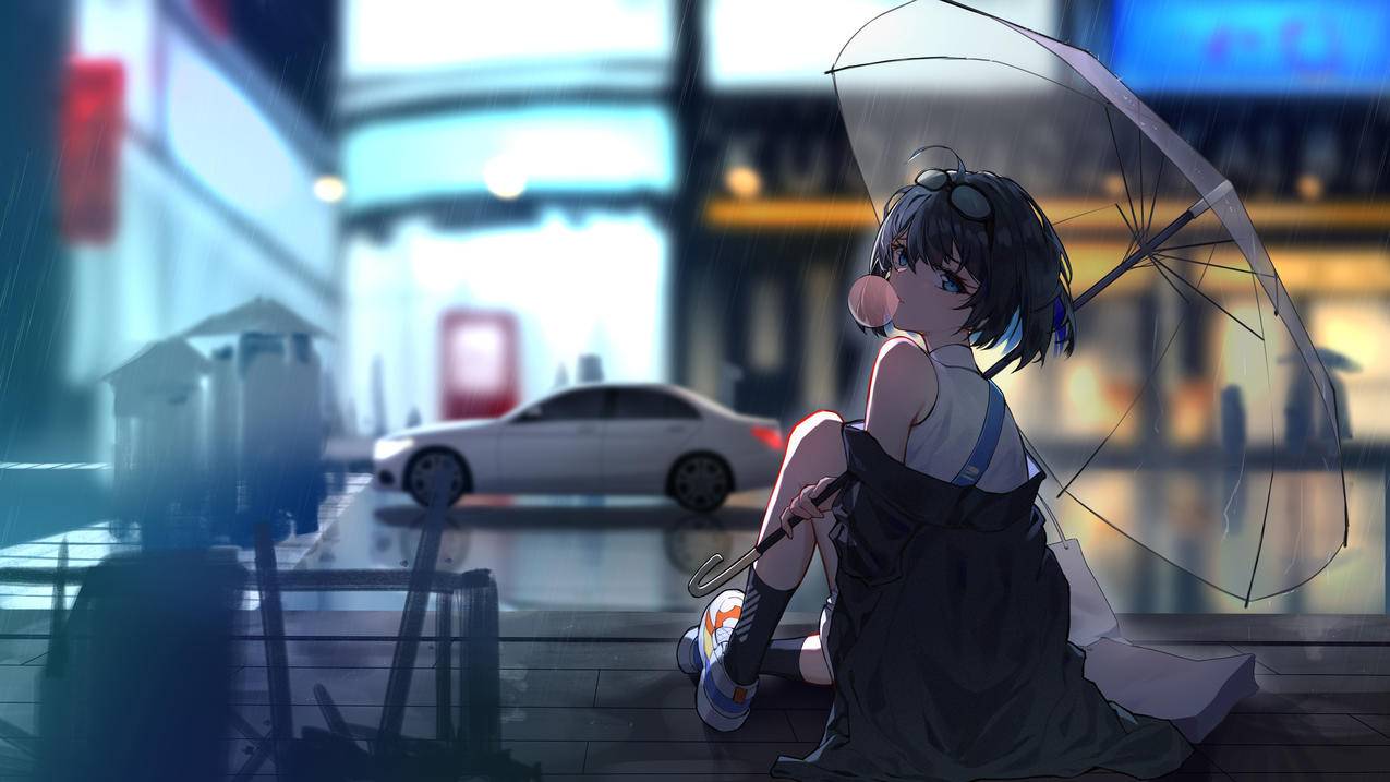 伞,街道,马路,雨,女生,4K高清动漫壁纸