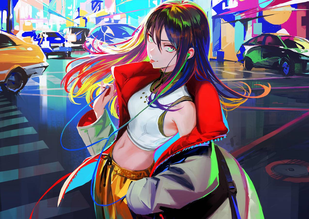 路口,大街,耳机,酷女孩,汽车,4K高清动漫壁纸