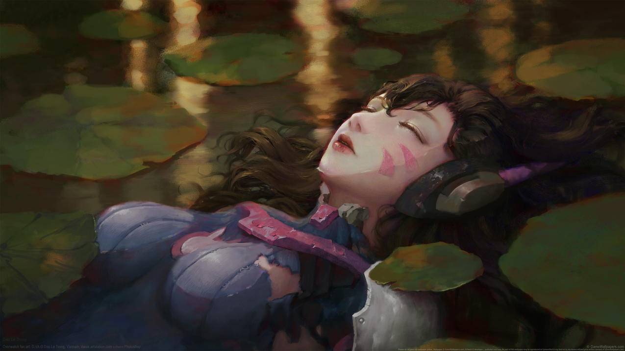 《守望先锋》,D.VA,池塘,荷叶,4K高清壁纸