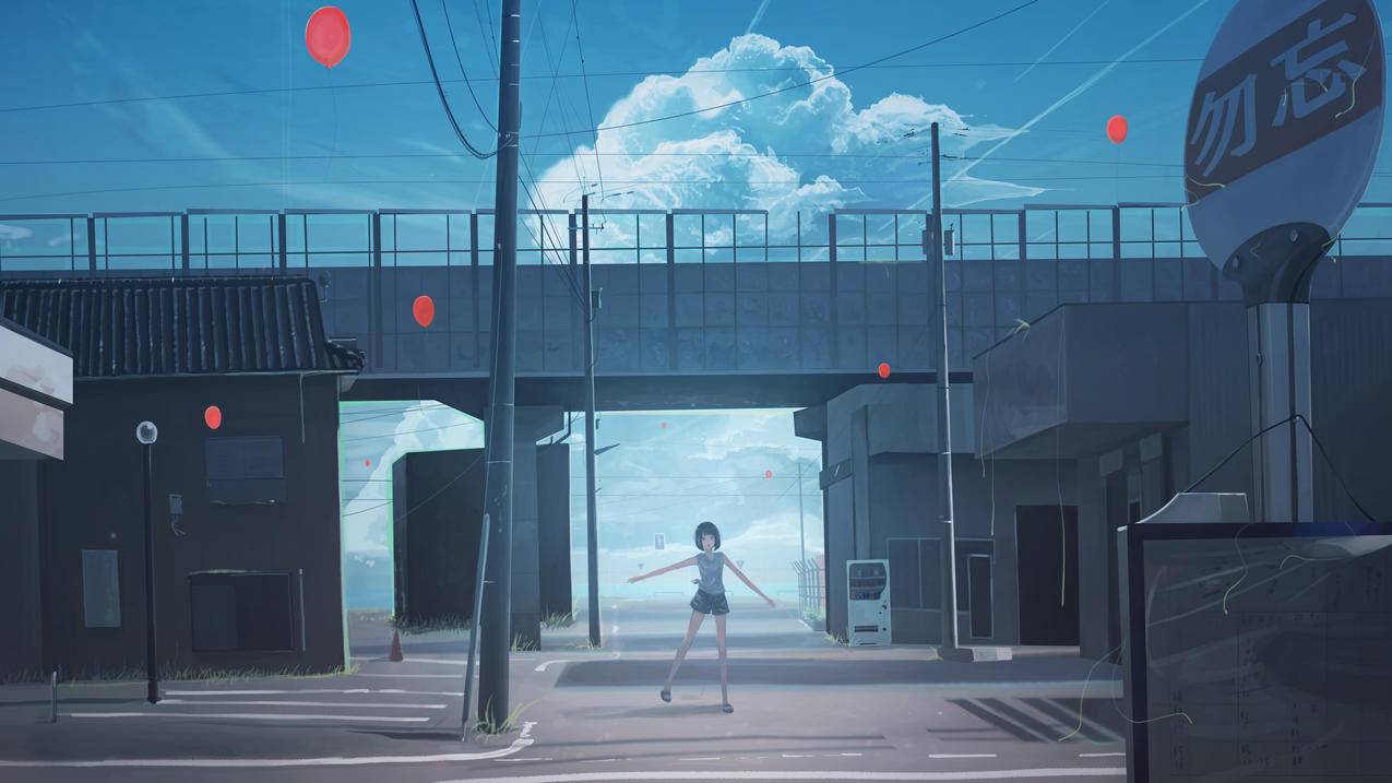 夏天,女孩子,高架桥下,插画,天空,4K高清动漫壁纸