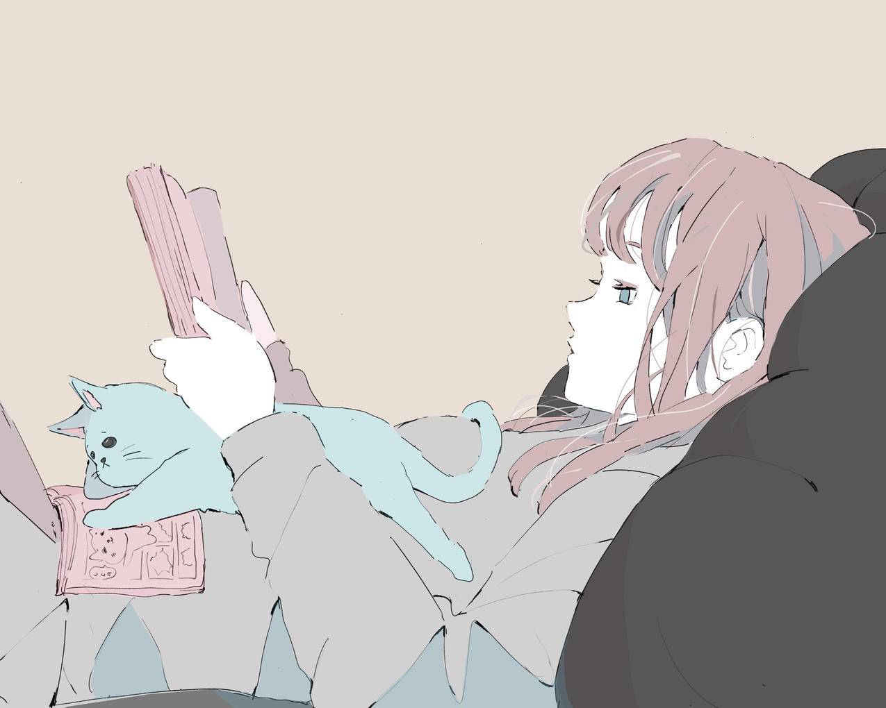 沙发,猫,漫画,书,女孩,简约,4K高清动漫壁纸