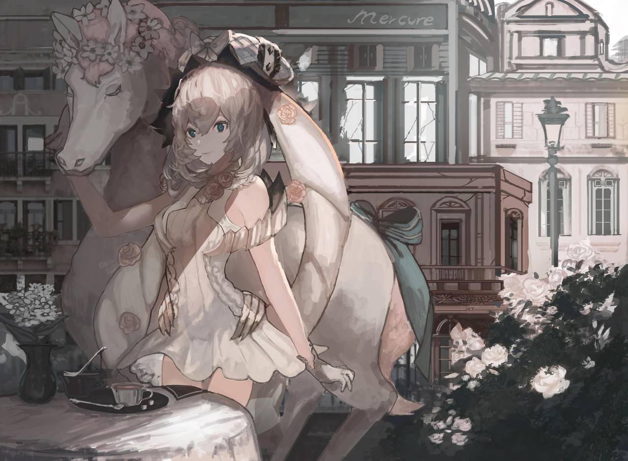 女孩,白色礼服,花,马戏团,4k动漫高清壁纸