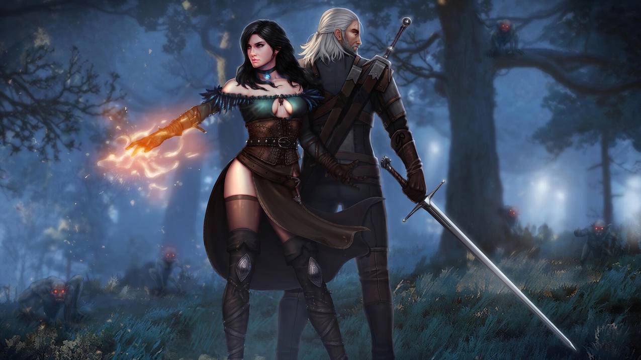 《巫师3-The,Witcher,3》树林,夜晚,黑卷发女孩,白发男人,背对防御,火,长剑,4K高清壁纸