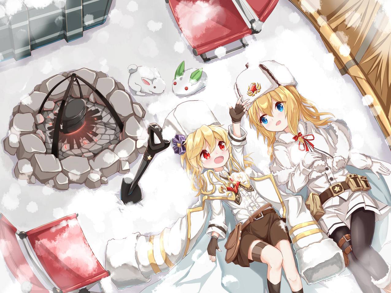 《少女前线》女孩,兔子,雪,大衣,火堆,4K高清动漫壁纸