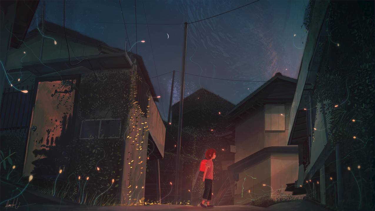 小女孩,夜路,房子,动漫风景,4k高清壁纸