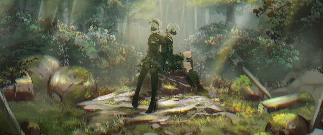 3440x1440尼尔机械纪元2b和9s带鱼屏壁纸