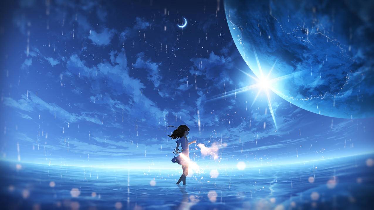 烟花,星球,月亮,海水,女孩,4K高清动漫壁纸