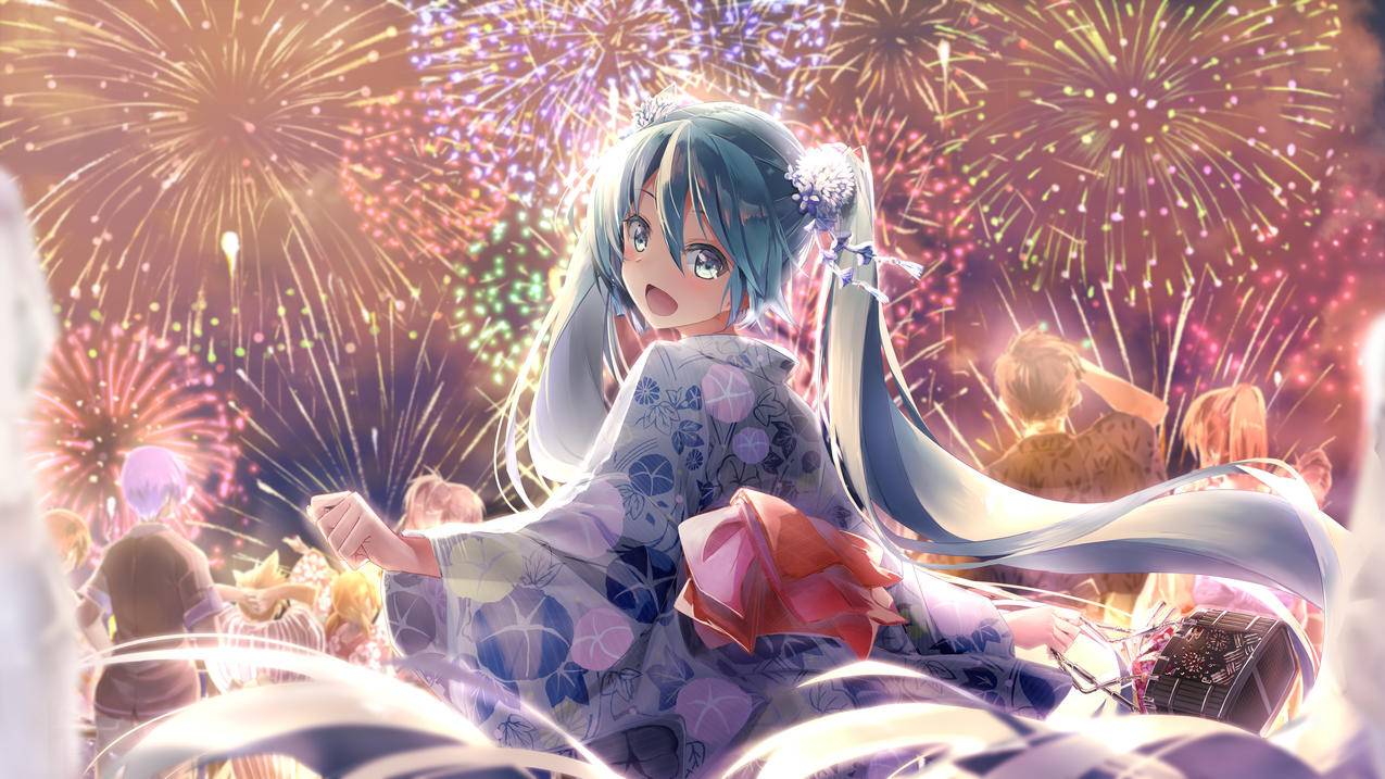 初音未来,烟花,人群,和服,4K高清动漫壁纸
