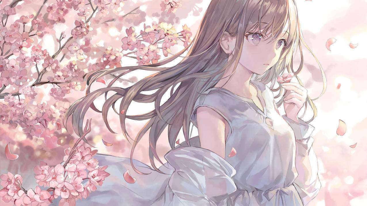 樱花,茶色长发,白连衣裙女生,唯美,4K高清动漫壁纸