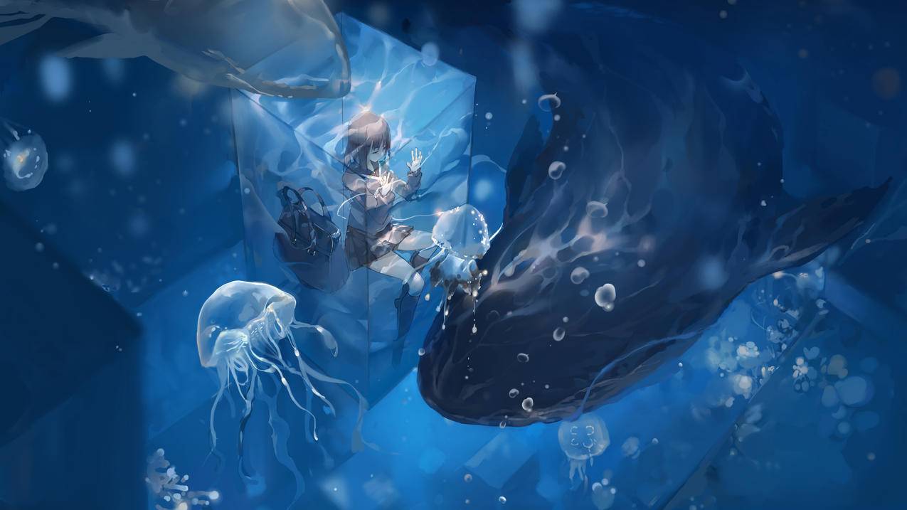 深海,水底,水母,女孩,鲸鱼,校服,4K高清动漫壁纸