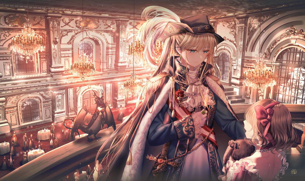 女孩,伯爵帽子,披风,英式制服,殿堂,宴会,4K高清动漫壁纸